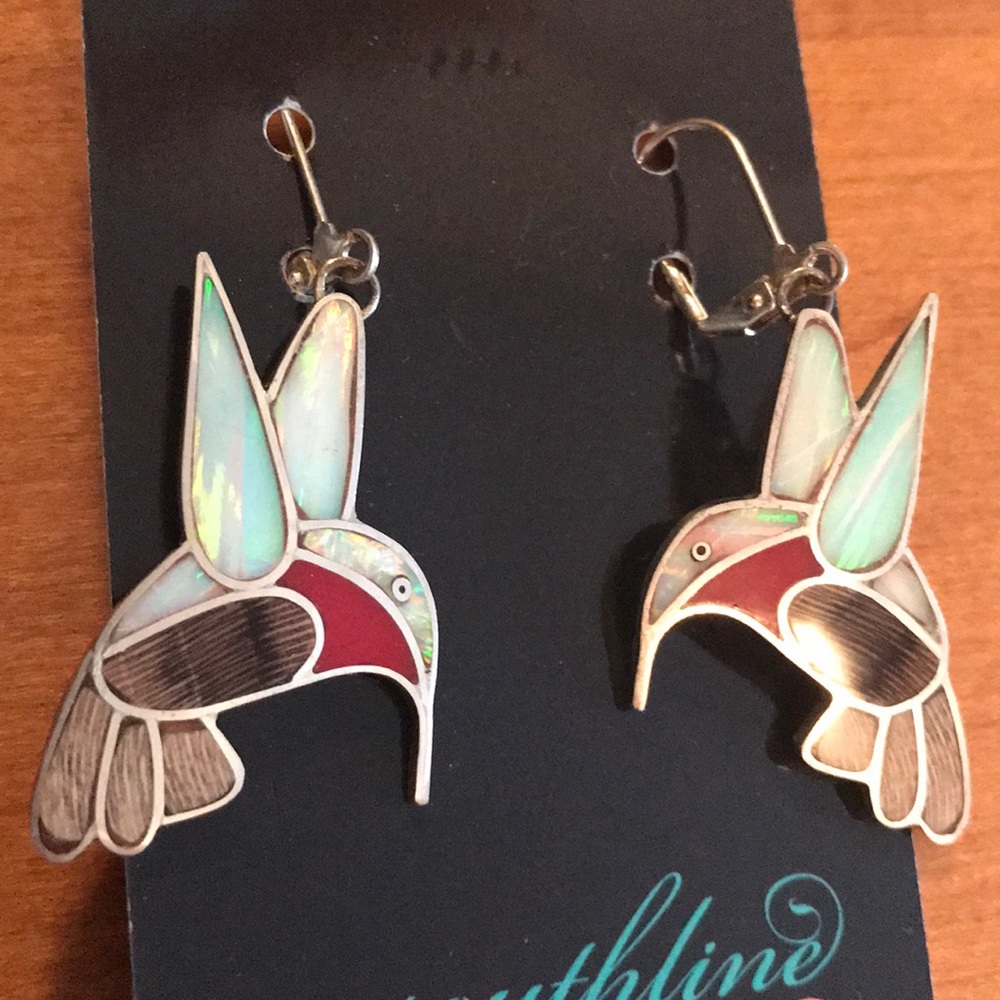 Handmade natural stone inlay hummingbird earrings